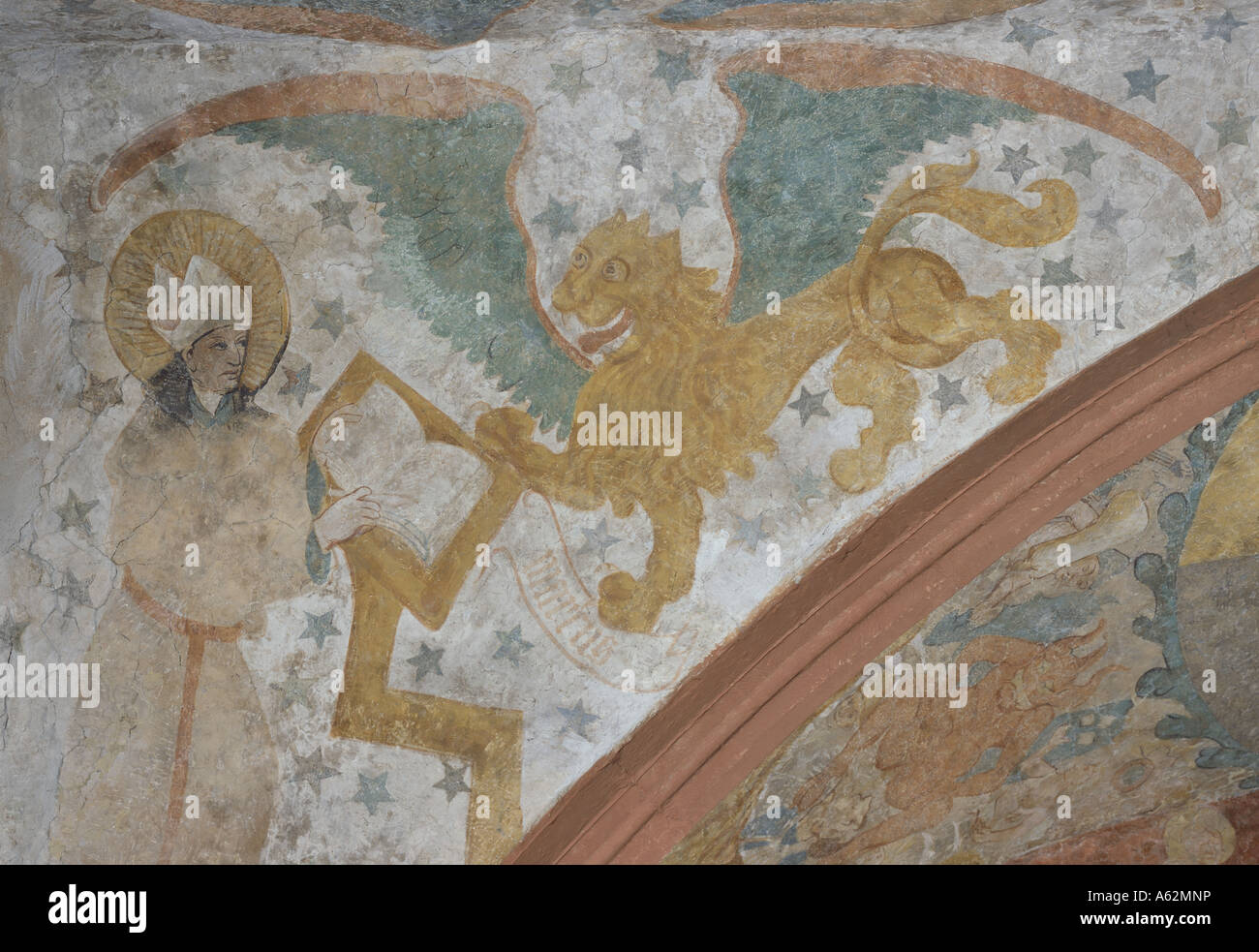 Püttlingen, Ortsteil Kölln, San Martino, Evangelische Chiesa Martinskirche, Chorfresko: San Augustinus mit Löwe Foto Stock