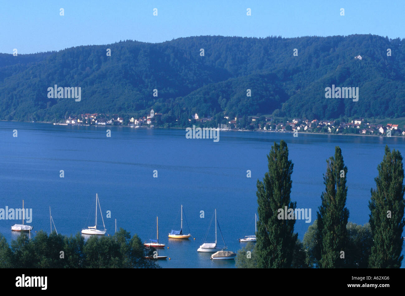 Angolo di alta vista delle barche in acqua di lago, Baden-Wuertemberg, Germania Foto Stock