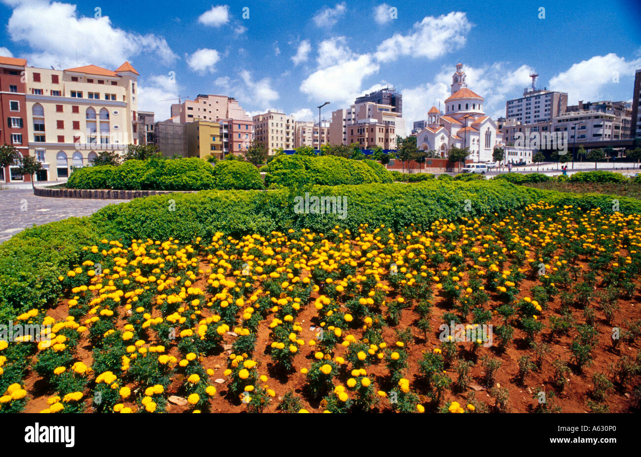 Letto di fiori in piazza, la Piazza dei Martiri, Beirut, Libano Foto Stock