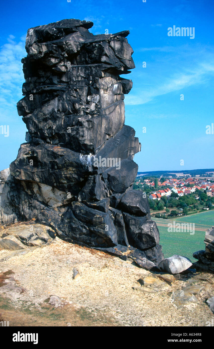 Close-up di formazione di roccia, i Muri del Diavolo, Blankenburg, Sassonia Anhalt, Germania Foto Stock