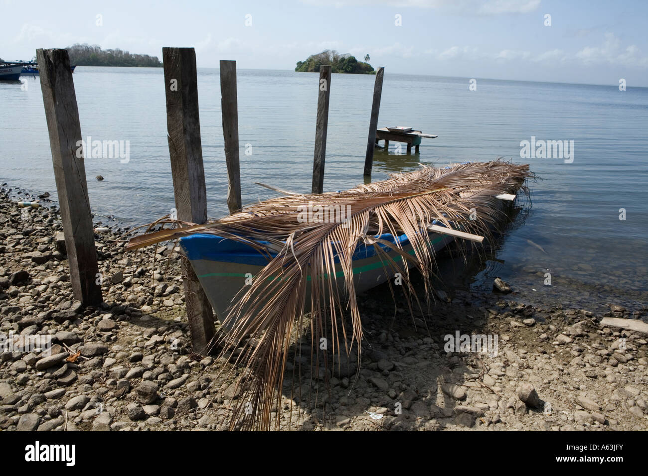 Le fronde delle palme barca ombreggiatura dal calore Isla San Fernando aka Elvis Chavarria Solentiname Islands Nicaragua Foto Stock