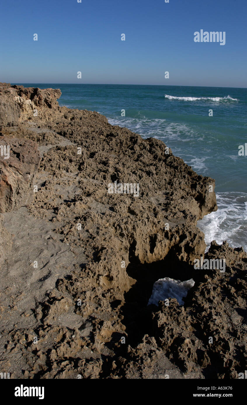 L'acqua oceanica contro la roccia calcarea litorale di Hutchinson Island Martin County Florida Stuart Foto Stock