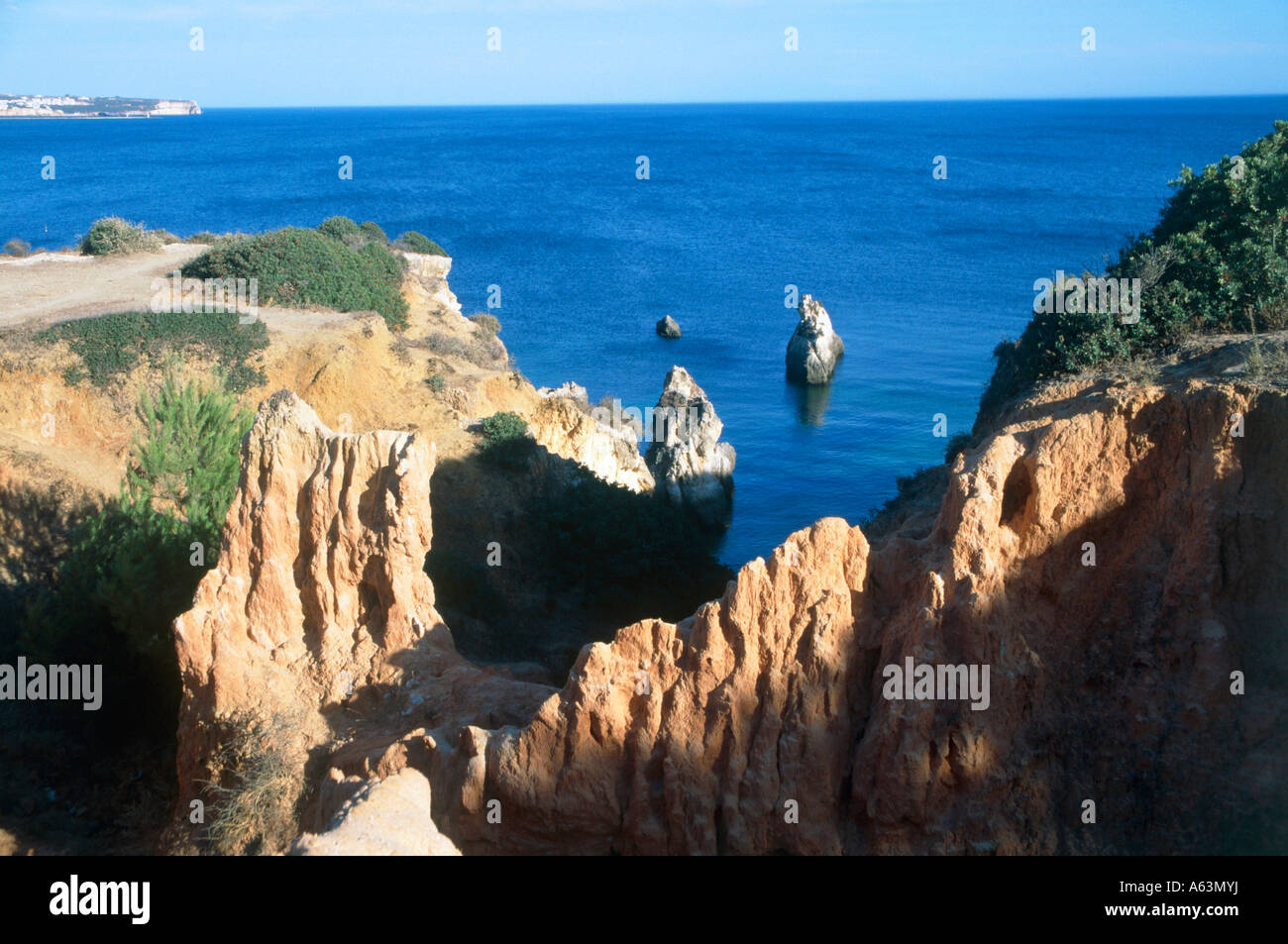 Scogliere rocciose a costa Algarve in Portogallo Foto Stock