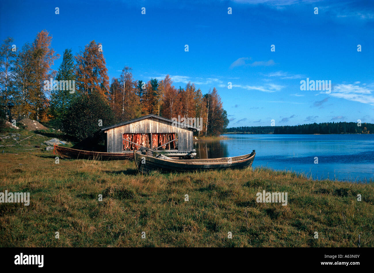 Tempo libero cottage sul lago vicino alla città di muonio regione della Lapponia Finlandia Foto Stock