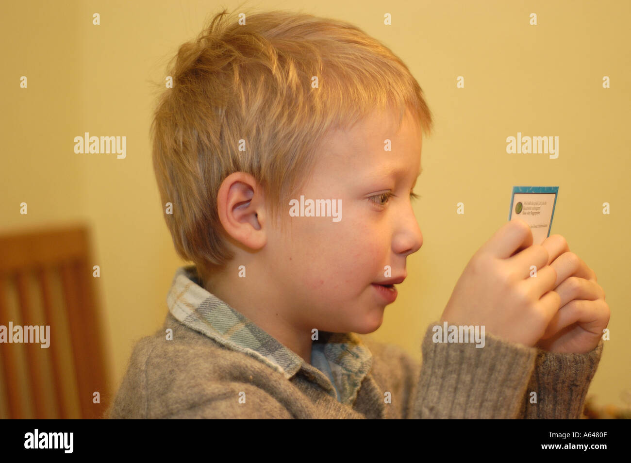 Sette anni di vecchio ragazzo di lettura della scheda di Trivial Pursuit giocare Foto Stock