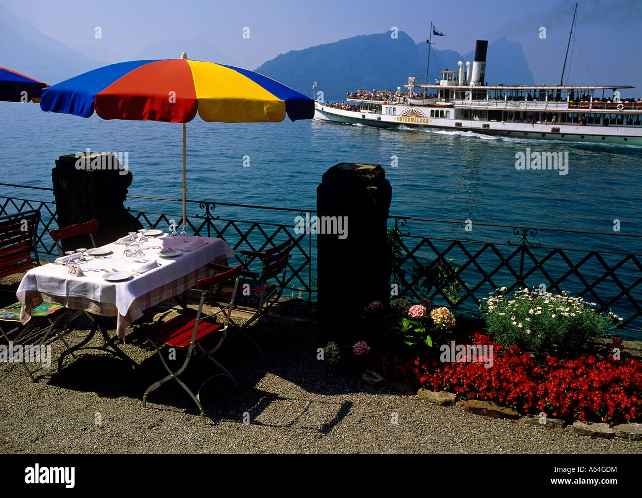 Vista dal ristorante sul lungomare di paddlesteamer sul lago di Lucerna villaggio di vitznau swiss alpes il cantone di Lucerna svizzera Foto Stock