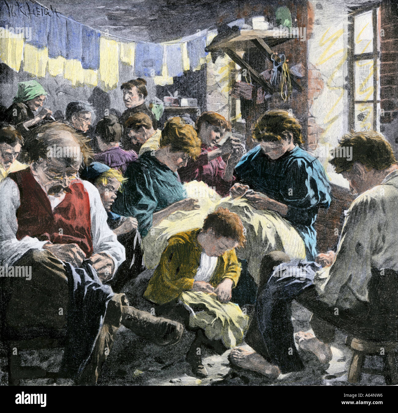 Indumento lavoratori in un affollato manodopera a basso costo un'evasione di fabbrica leggi di lavoro 1890s. Colorate a mano di mezzitoni una illustrazione Foto Stock