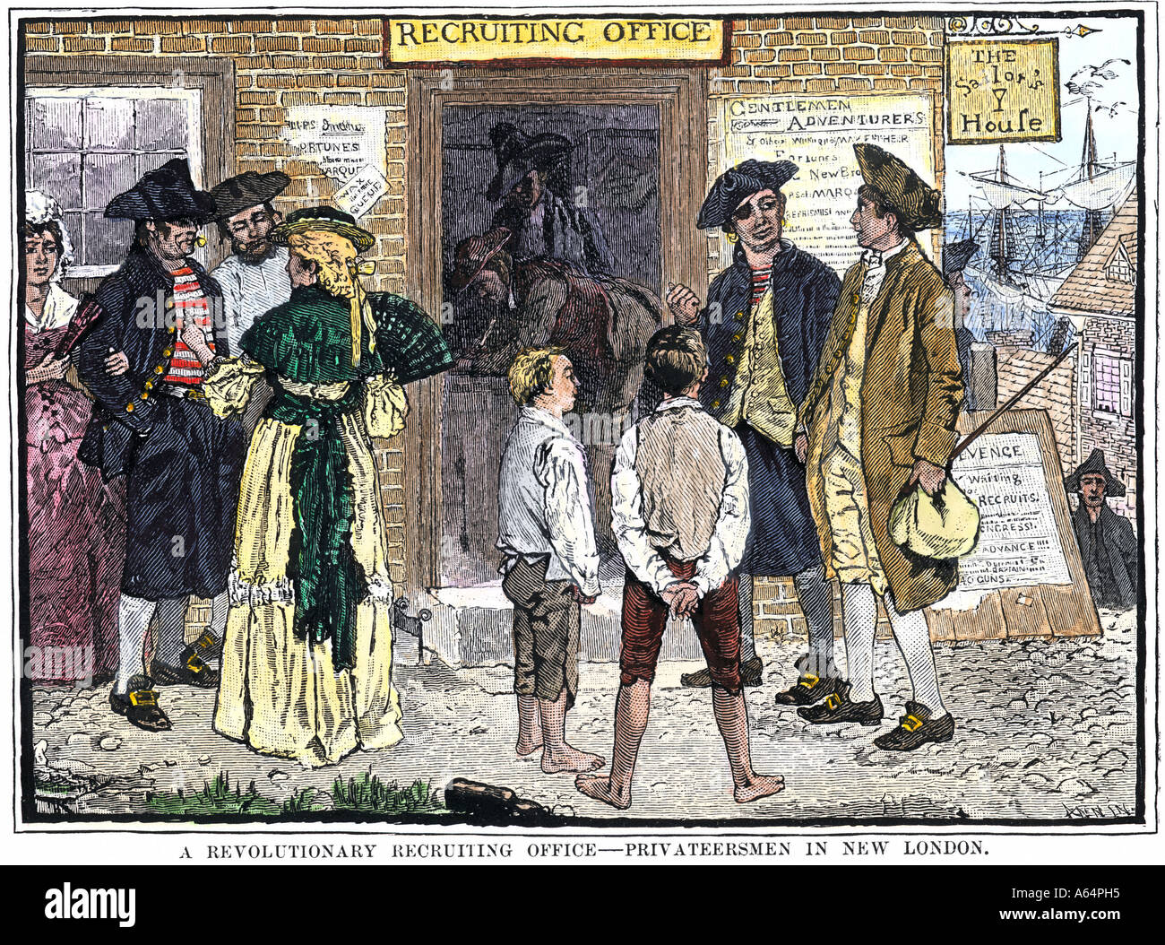 Il reclutamento privateersmen per servire la causa americana nella guerra rivoluzionaria in New London CT. Colorate a mano la xilografia di Howard Pyle illustrazione Foto Stock