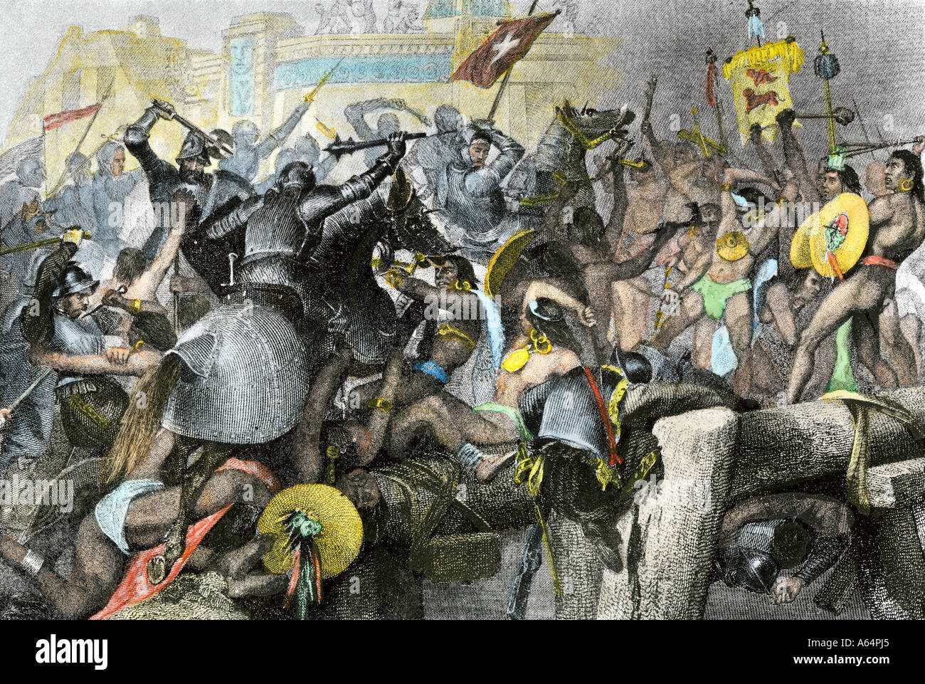 Conquista della capitale Azteca Tenochtitlan dall'esercito spagnolo di Hernàn Cortès 1500s. Colorate a mano di mezzitoni una illustrazione Foto Stock