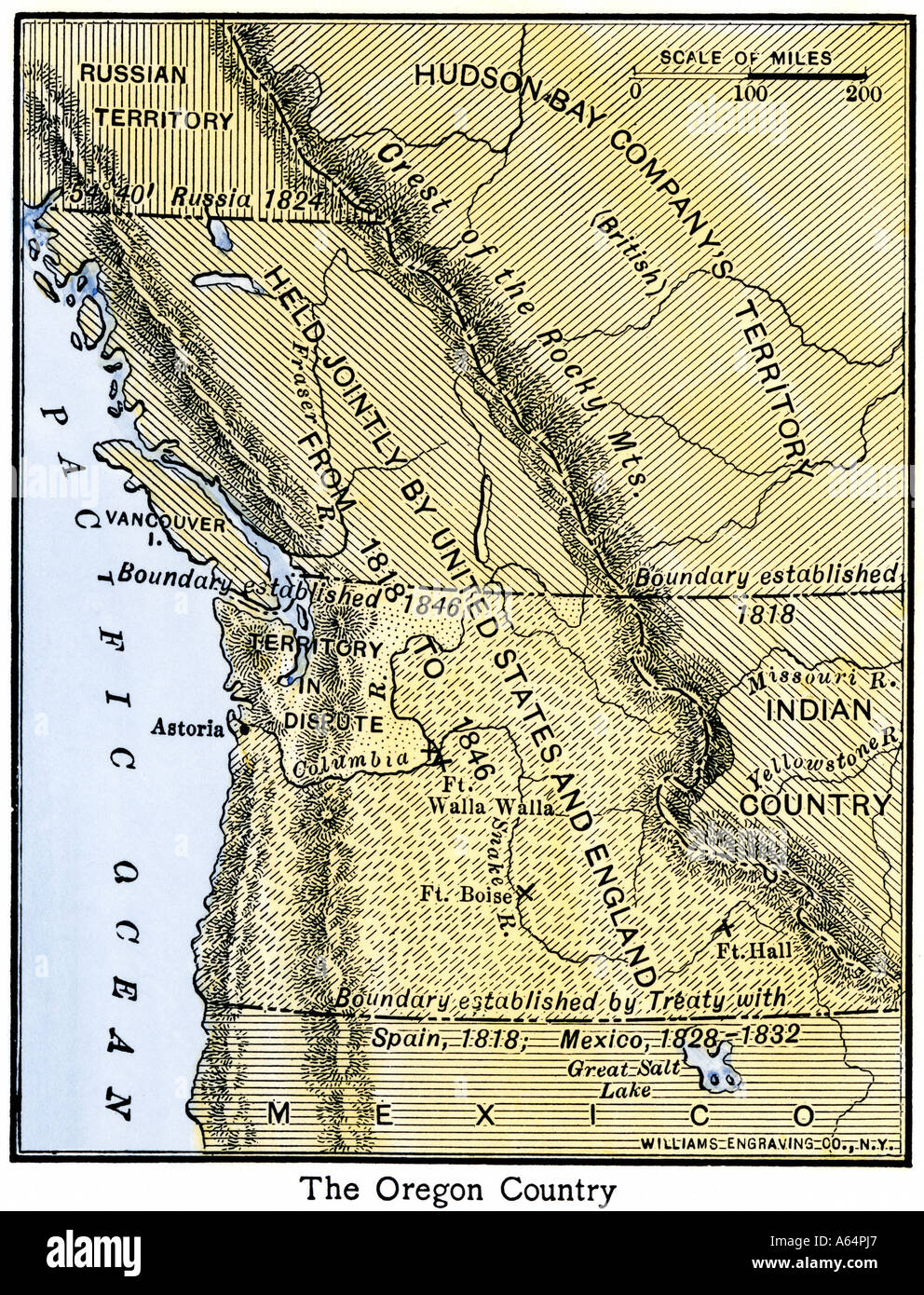 Mappa del territorio di Oregon che mostra il confine della zona di noi con British Canada sotto la controversia fino al 1846. Colorate a mano la xilografia Foto Stock