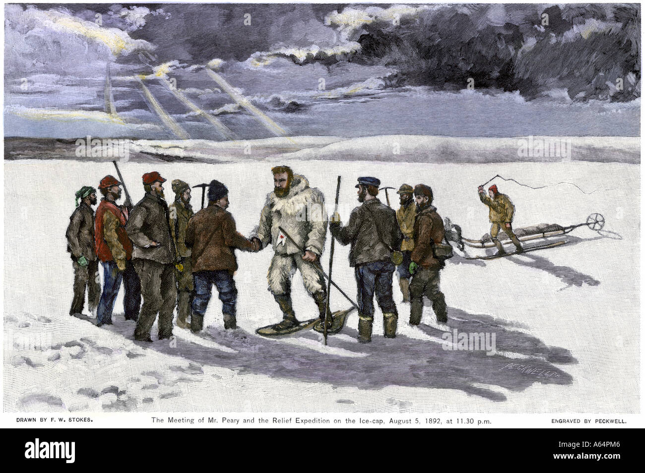 American Arctic explorer Robert Peary incontro la spedizione di sfiato sui ghiacciai della Groenlandia agosto 5 1892. Colorate a mano di mezzitoni una illustrazione Foto Stock