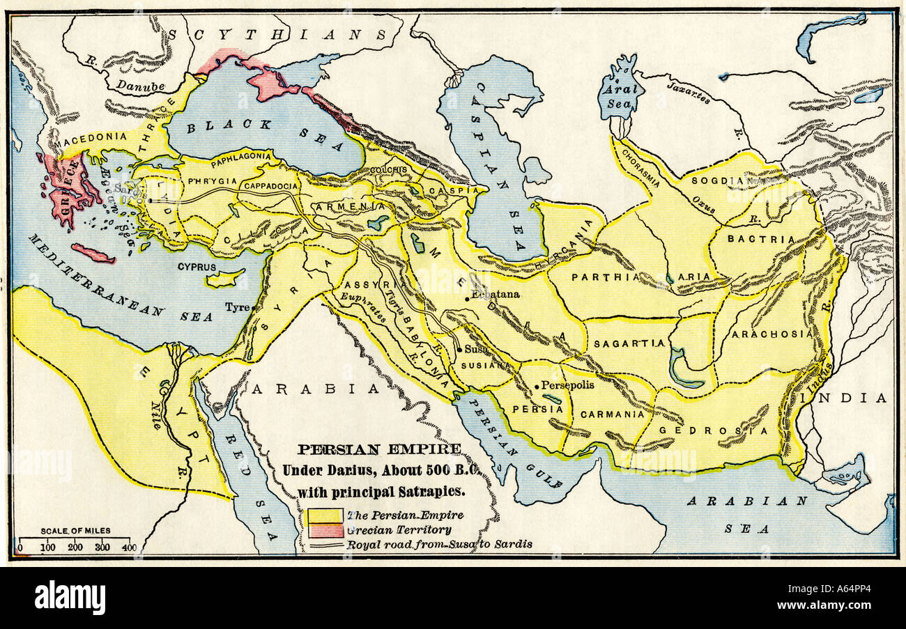 Mappa dell'Impero Persiano sotto Dario I circa 500 BC con principale satrapies. Litografia a colori Foto Stock
