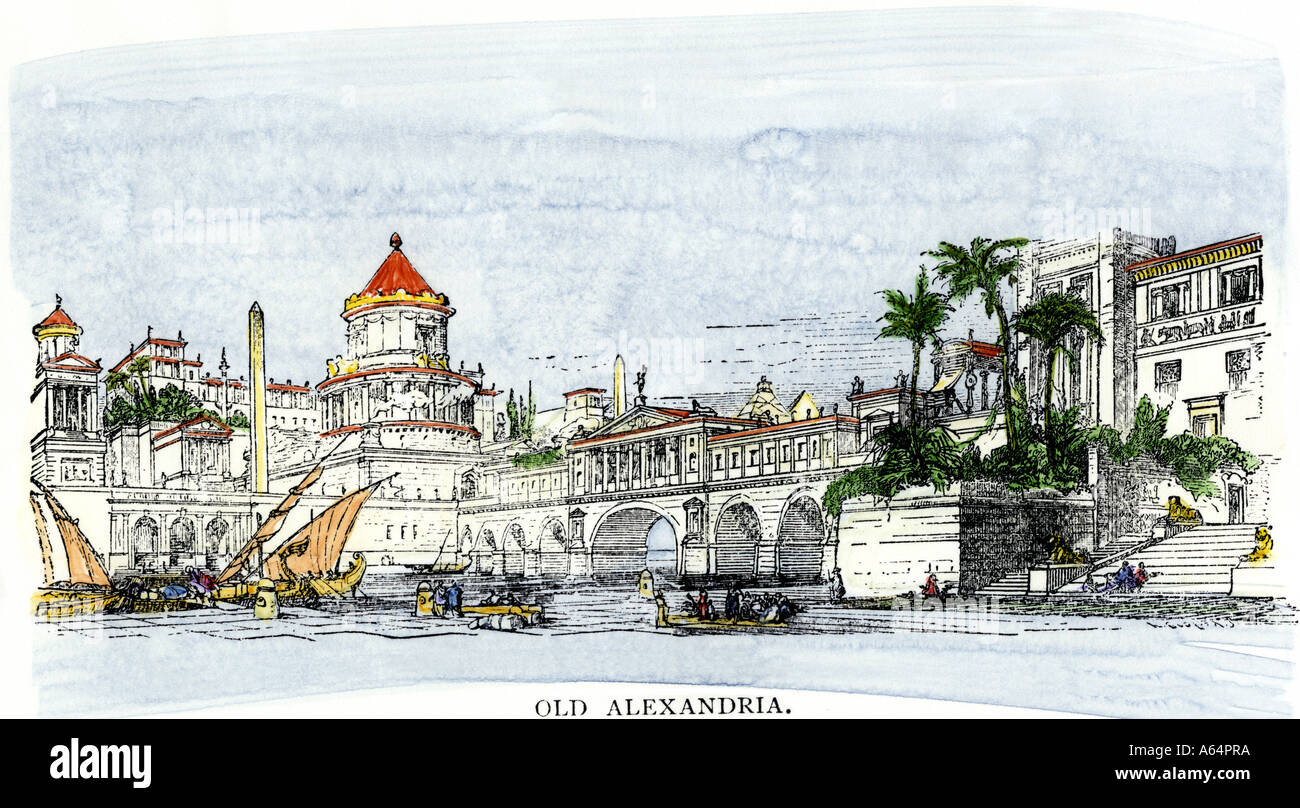 Porto antico di Alessandria d'Egitto un grande centro della cultura ellenistica e del commercio. Colorate a mano la xilografia Foto Stock