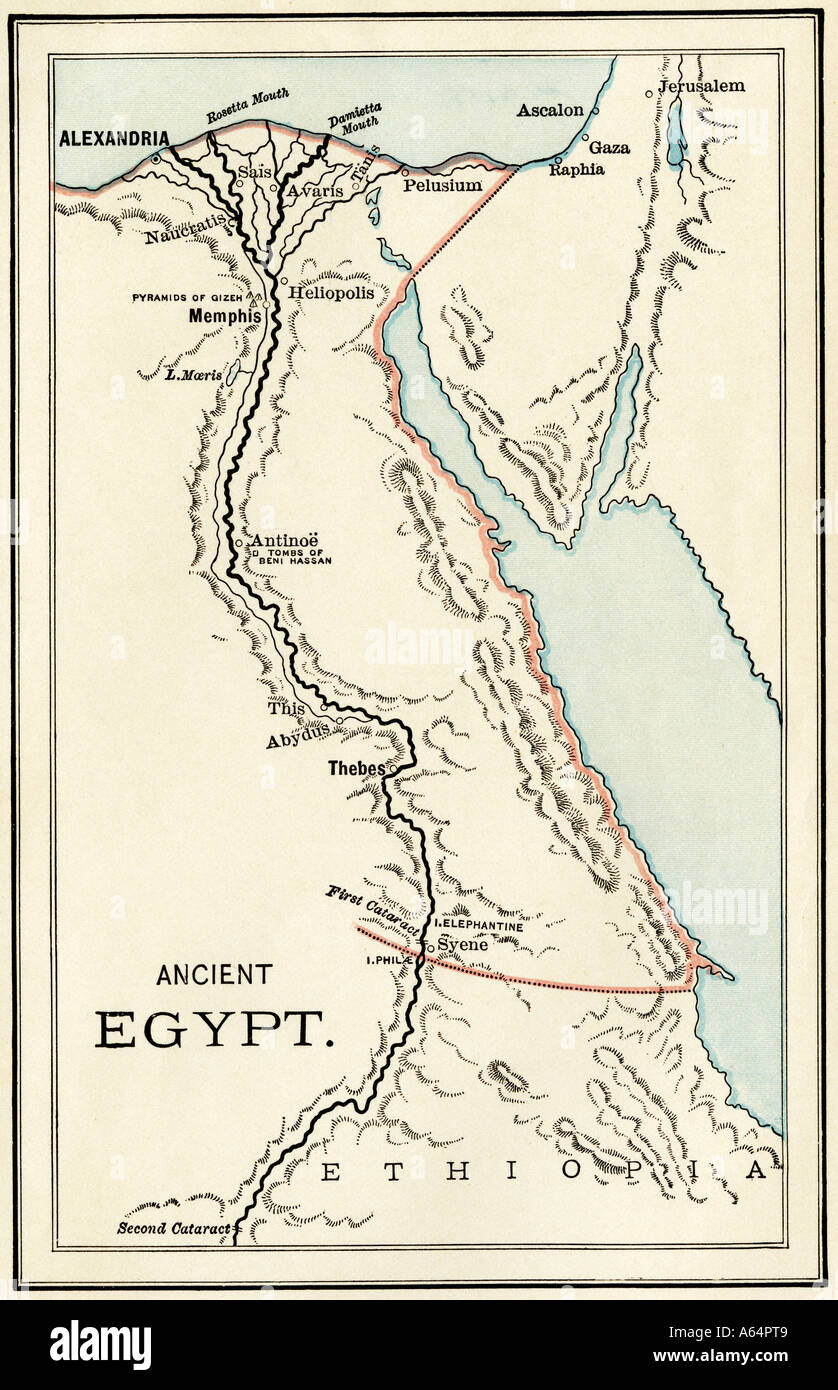 Mappa di siti importanti nell'antico Egitto. Litografia a colori Foto Stock