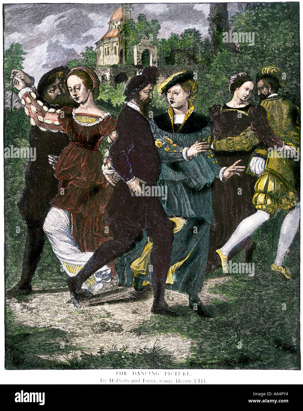 Coppie danzanti in Tudor Inghilterra 1500s. Colorate a mano la xilografia Foto Stock