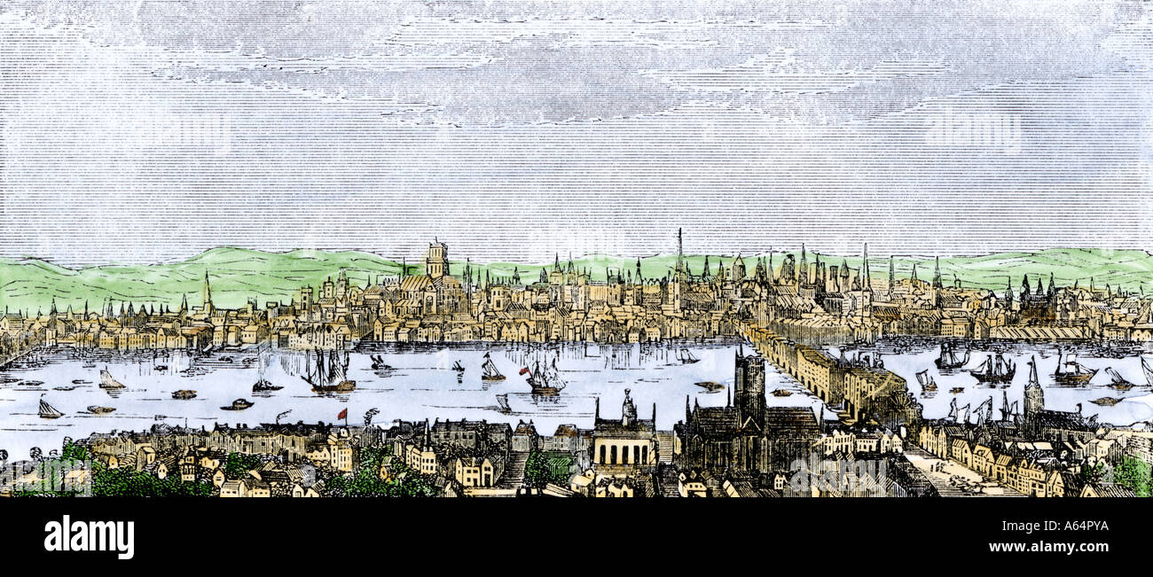 Londra prima che il grande incendio del 1666. Colorate a mano la xilografia Foto Stock