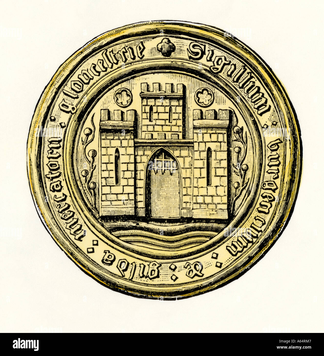 Merchants guild guarnizione circa 1200 Gloucester in Inghilterra. Colorate a mano la xilografia Foto Stock