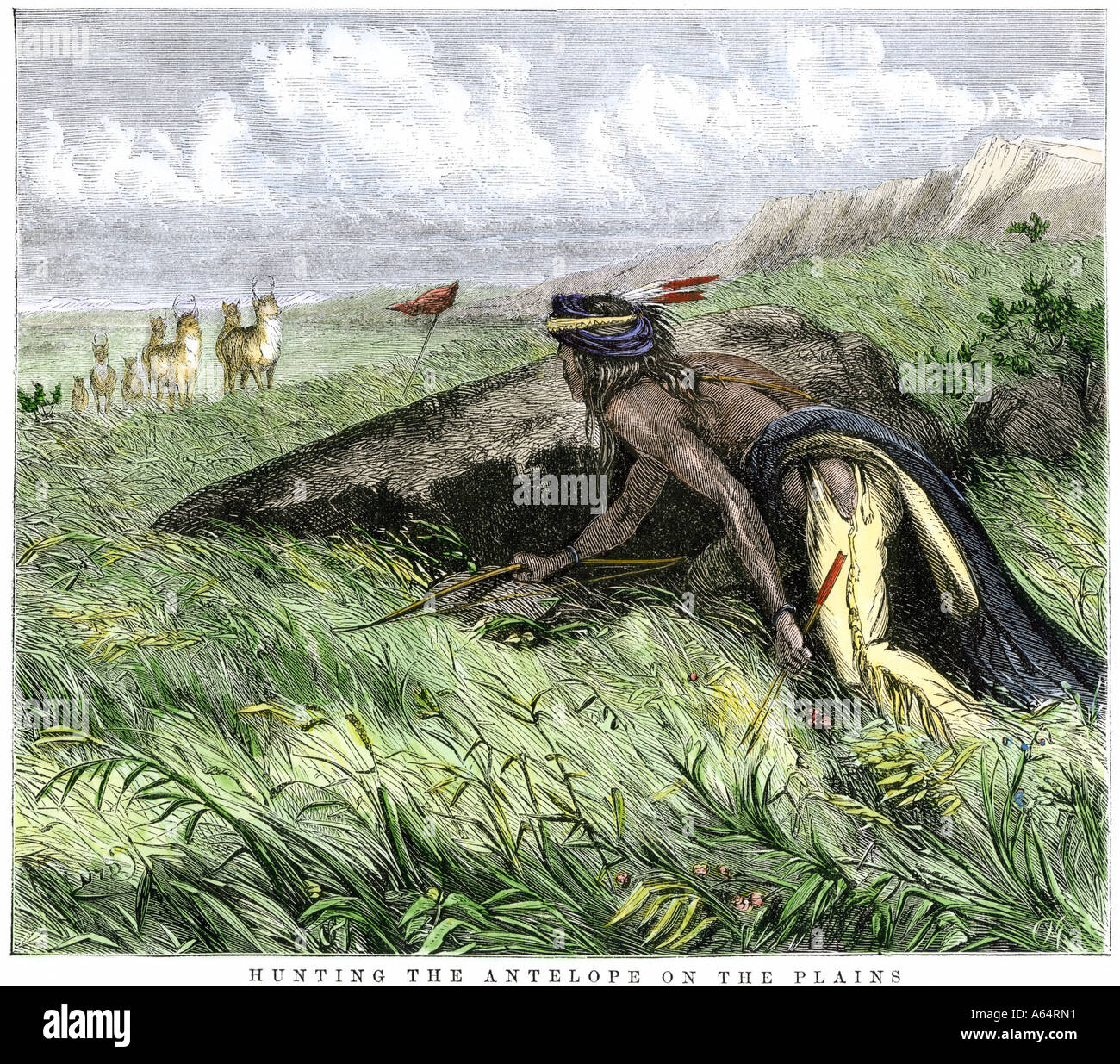 Nativo americana con arco e frecce stalking pronghorn antelope sulle grandi pianure. Colorate a mano la xilografia Foto Stock