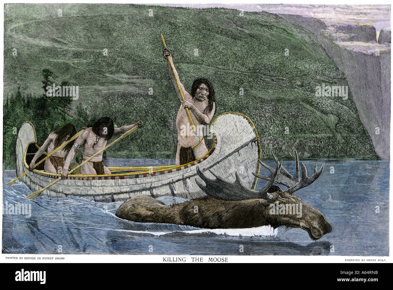 Nativi Americani in un birchbark canoe di caccia un alce. Colorate a mano la xilografia Foto Stock