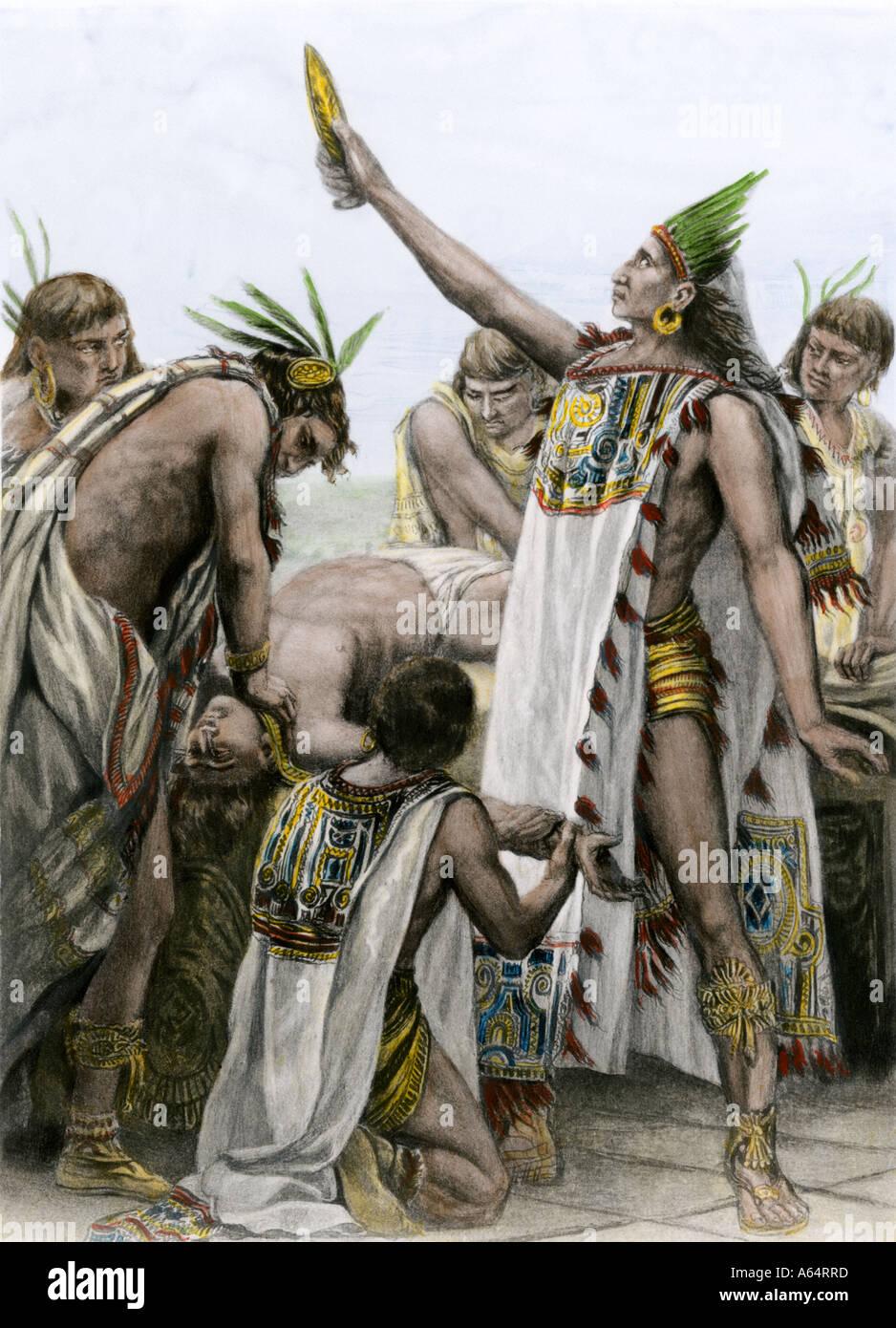 Sacerdote azteco esecuzione di sacrificio umano in Messico antico. Colorate a mano fotoincisione di illustrazione. Foto Stock