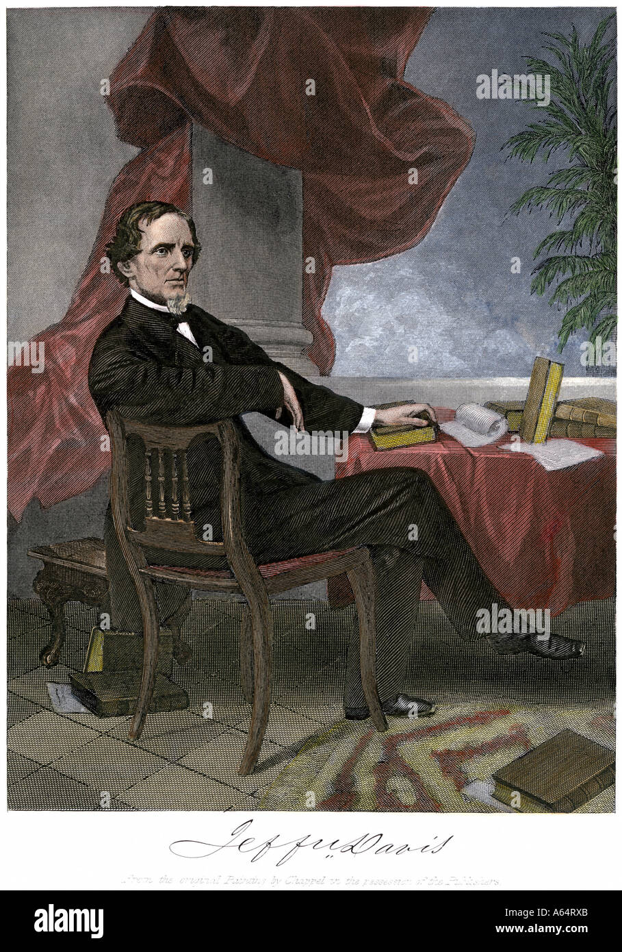 Jefferson Davis Presidente degli Stati Confederati d'America alla sua scrivania. Colorate a mano incisione in acciaio Foto Stock