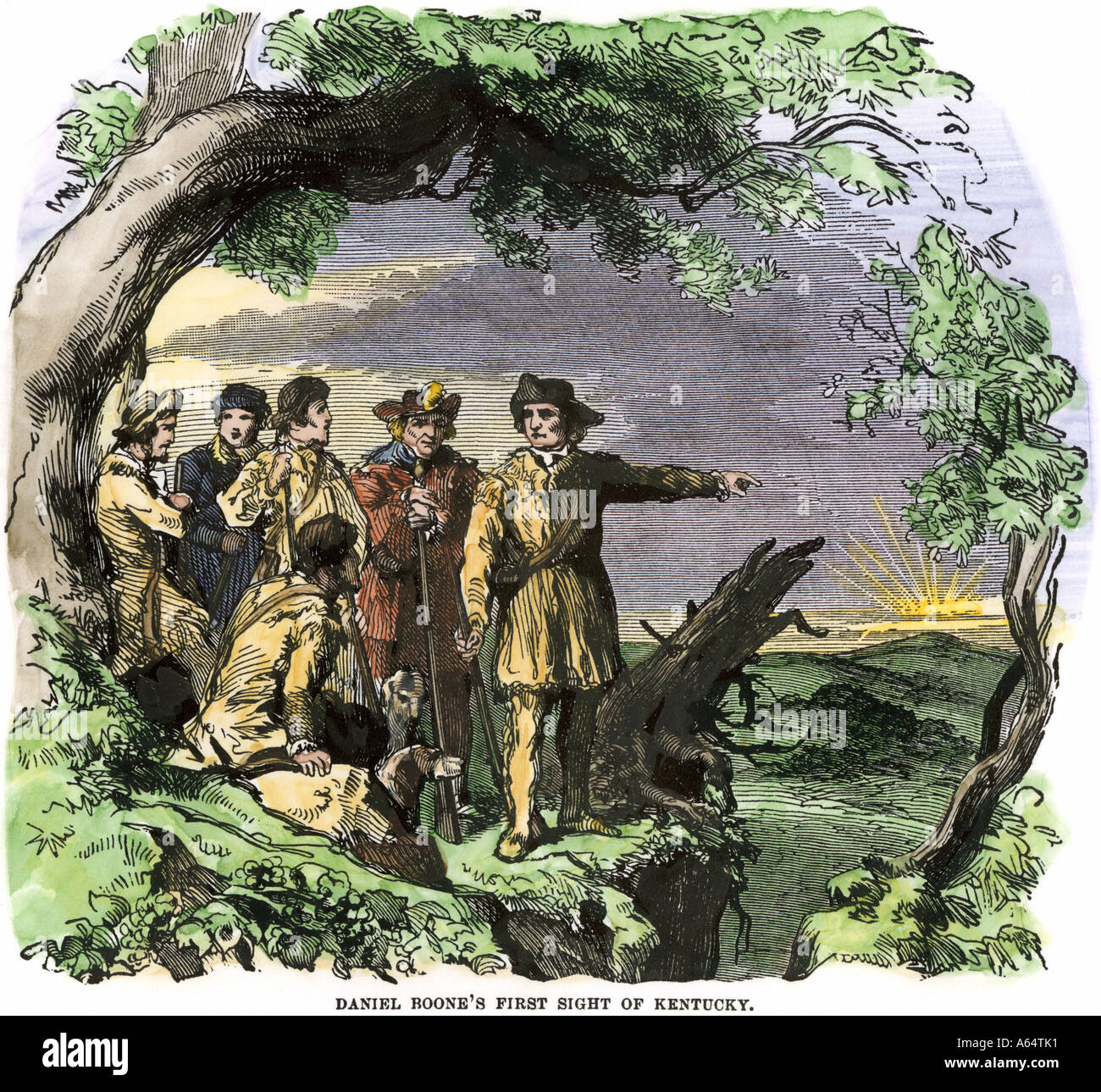 Daniel Boone ottenendo la prima vista del Kentucky. Colorate a mano la xilografia Foto Stock