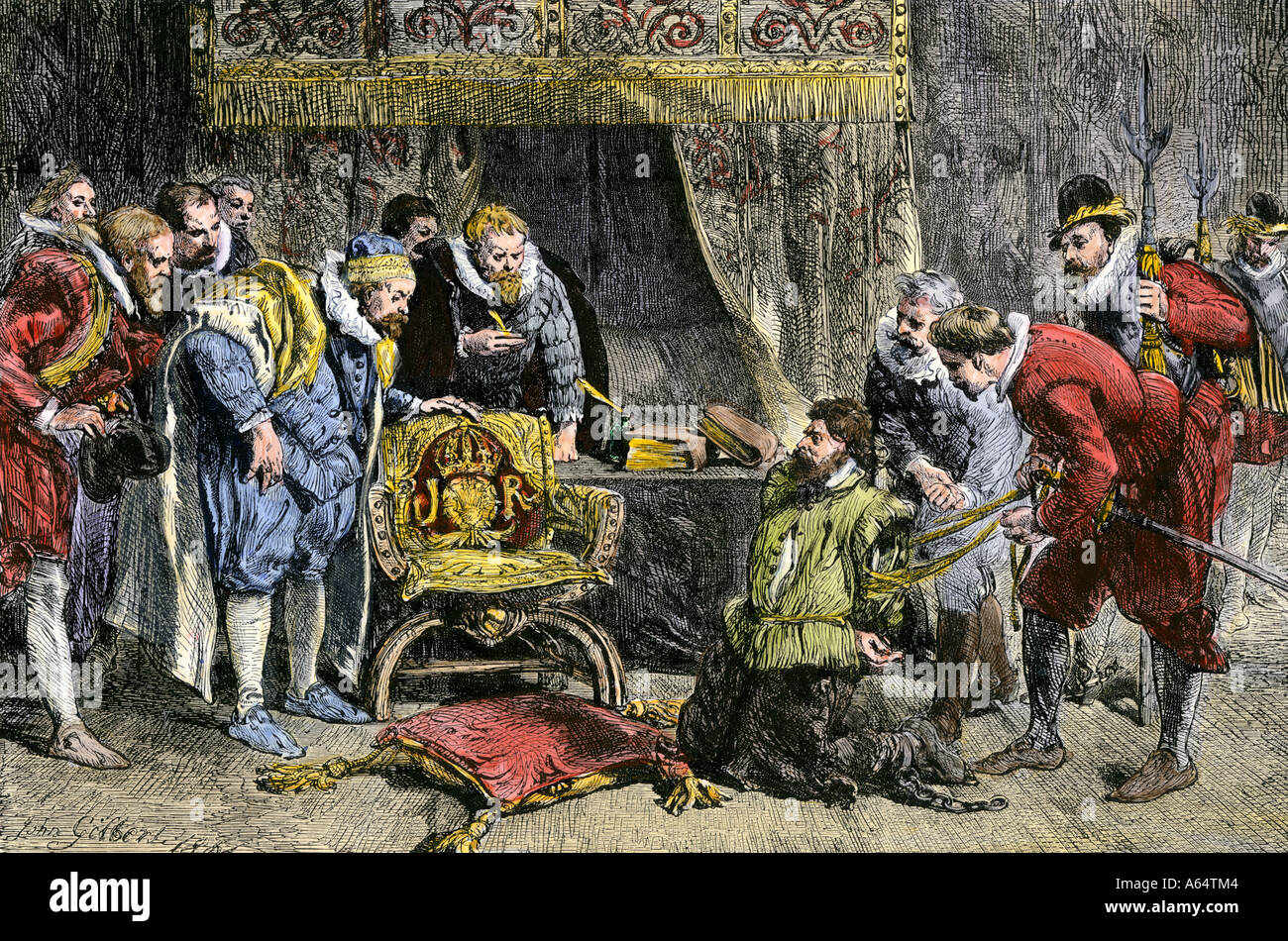 Guy Fawkes portato davanti al re Giacomo I dopo la scoperta della polvere da sparo complotto per Blow up Europeo 1605. Colorate a mano la xilografia Foto Stock