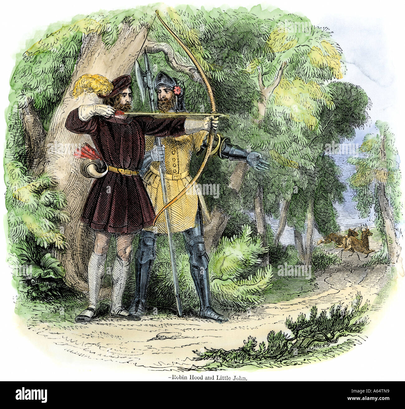 Robin Hood e il piccolo Giovanni a caccia di cervi nella Foresta di Sherwood. Colorate a mano la xilografia Foto Stock