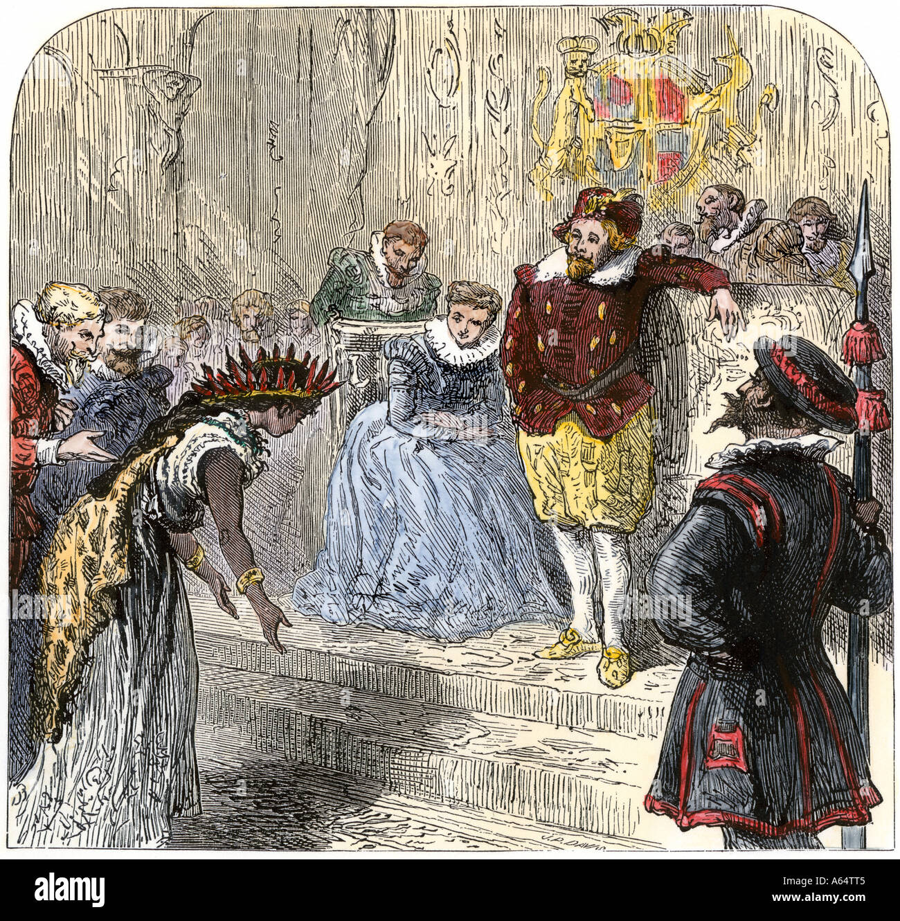 Pocahontas presentata al re Giacomo I con suo marito John Rolfe in Inghilterra. Colorate a mano la xilografia Foto Stock