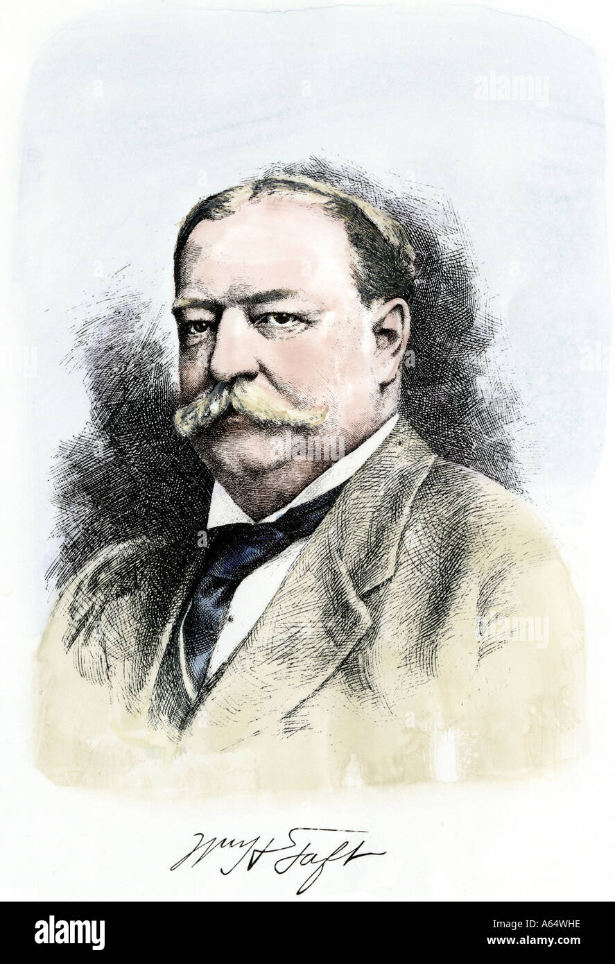 William Howard Taft ritratto con autografo. Colorate a mano la xilografia Foto Stock