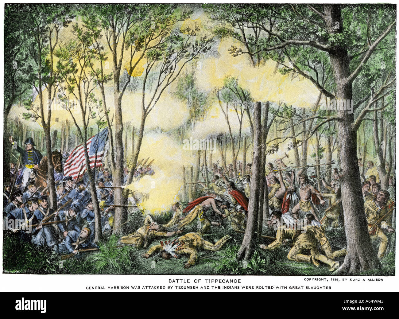 Battaglia di Tippecanoe in cui William Henry Harrison sconfitto Tecumseh e i suoi guerrieri nativi americani 1811. Colorate a mano i mezzitoni di un dipinto Foto Stock