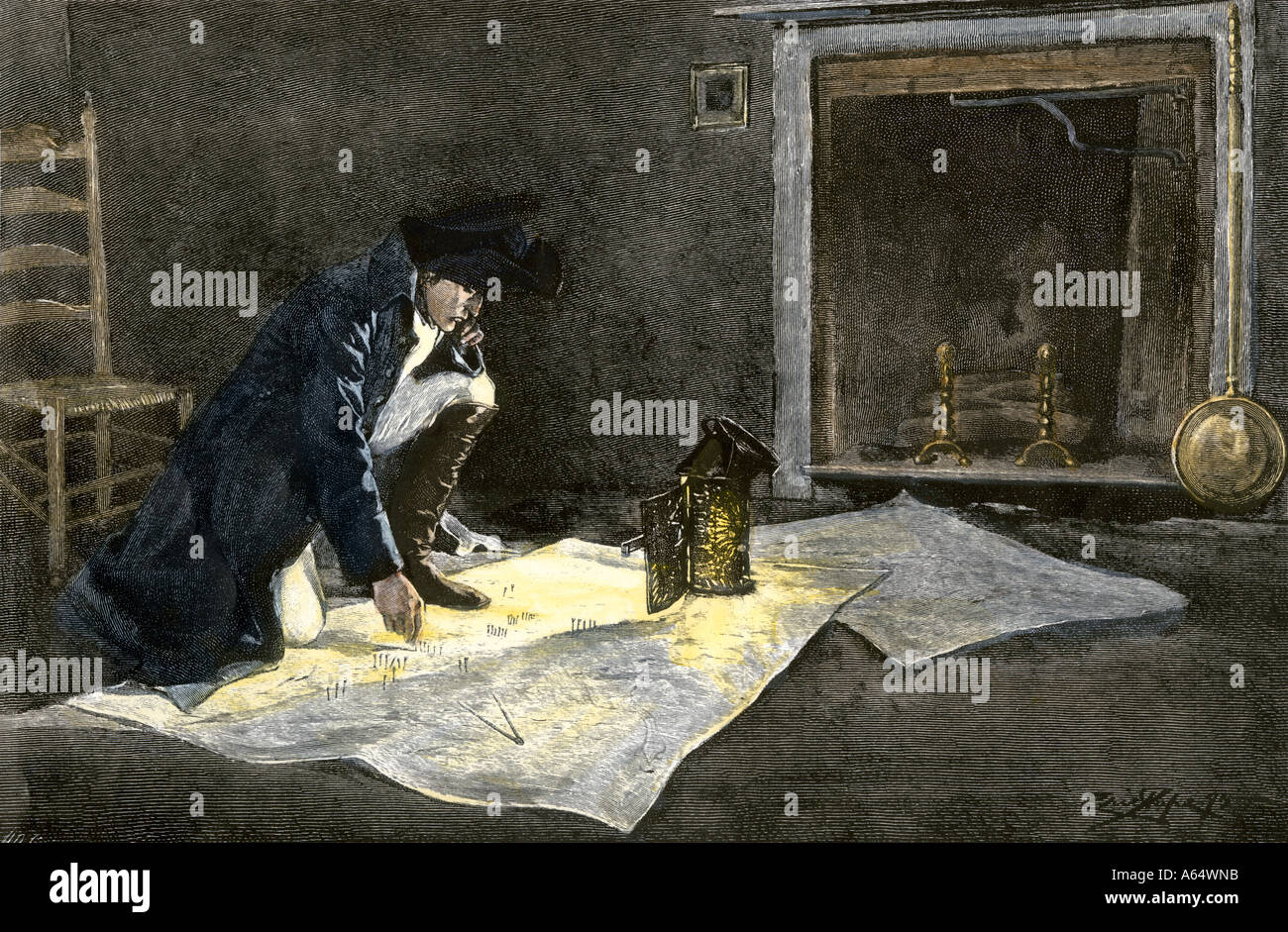 Napoleone Bonaparte a studiare le mappe per pianificare una battaglia. Colorate a mano la xilografia Foto Stock