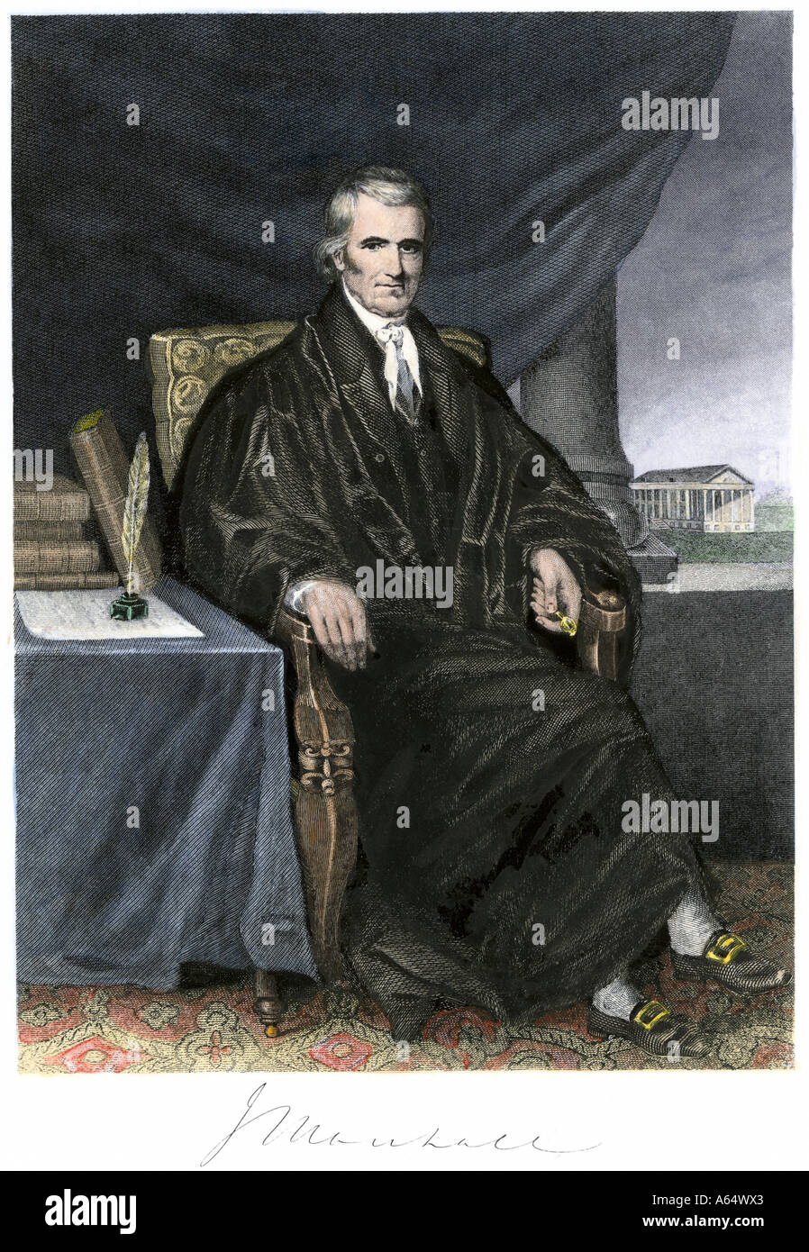 John Marshall giustizia principale della Corte suprema degli Stati Uniti 1800s. Colorate a mano incisione in acciaio Foto Stock