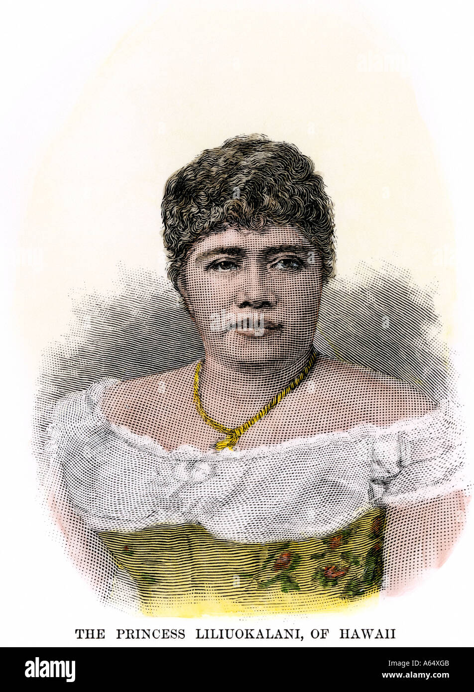 Regina Lilioukalani delle Hawaii 1880. Colorate a mano la xilografia Foto Stock