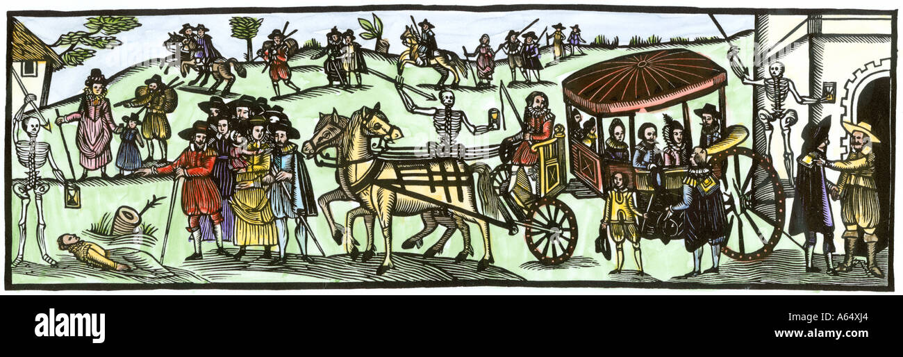 Abitanti fuggono in campagna per sfuggire alla peste in Inghilterra 1630. Colorate a mano la xilografia Foto Stock