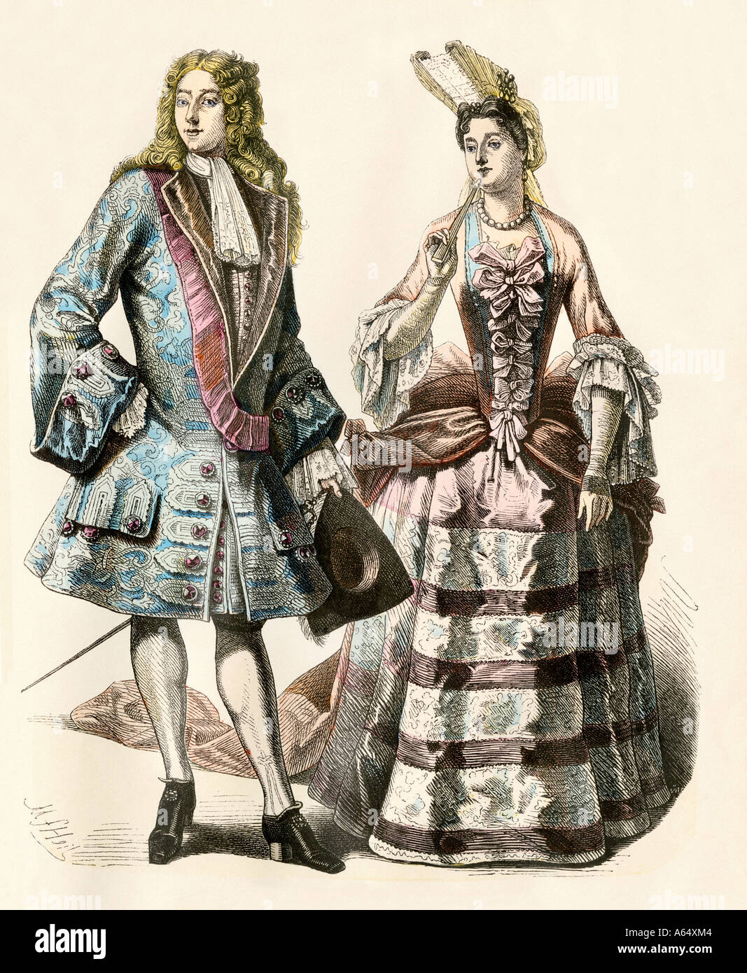 Gentleman e signora di Louis XIVs corte Francia primi 1700s. Colorate a mano la stampa Foto Stock