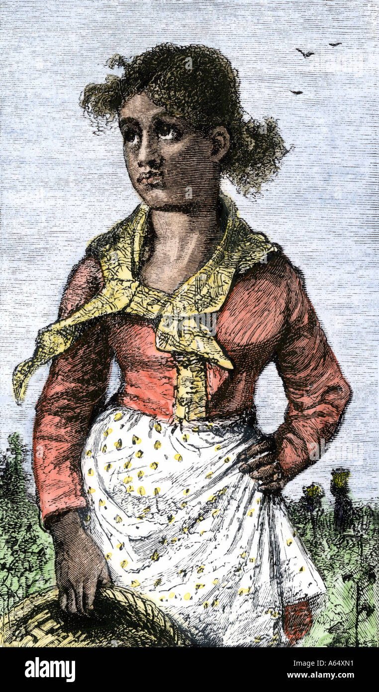 Giovane donna nera raccoglitrice di cotone considerati idonei solo per essere uno slave. Colorate a mano la xilografia Foto Stock