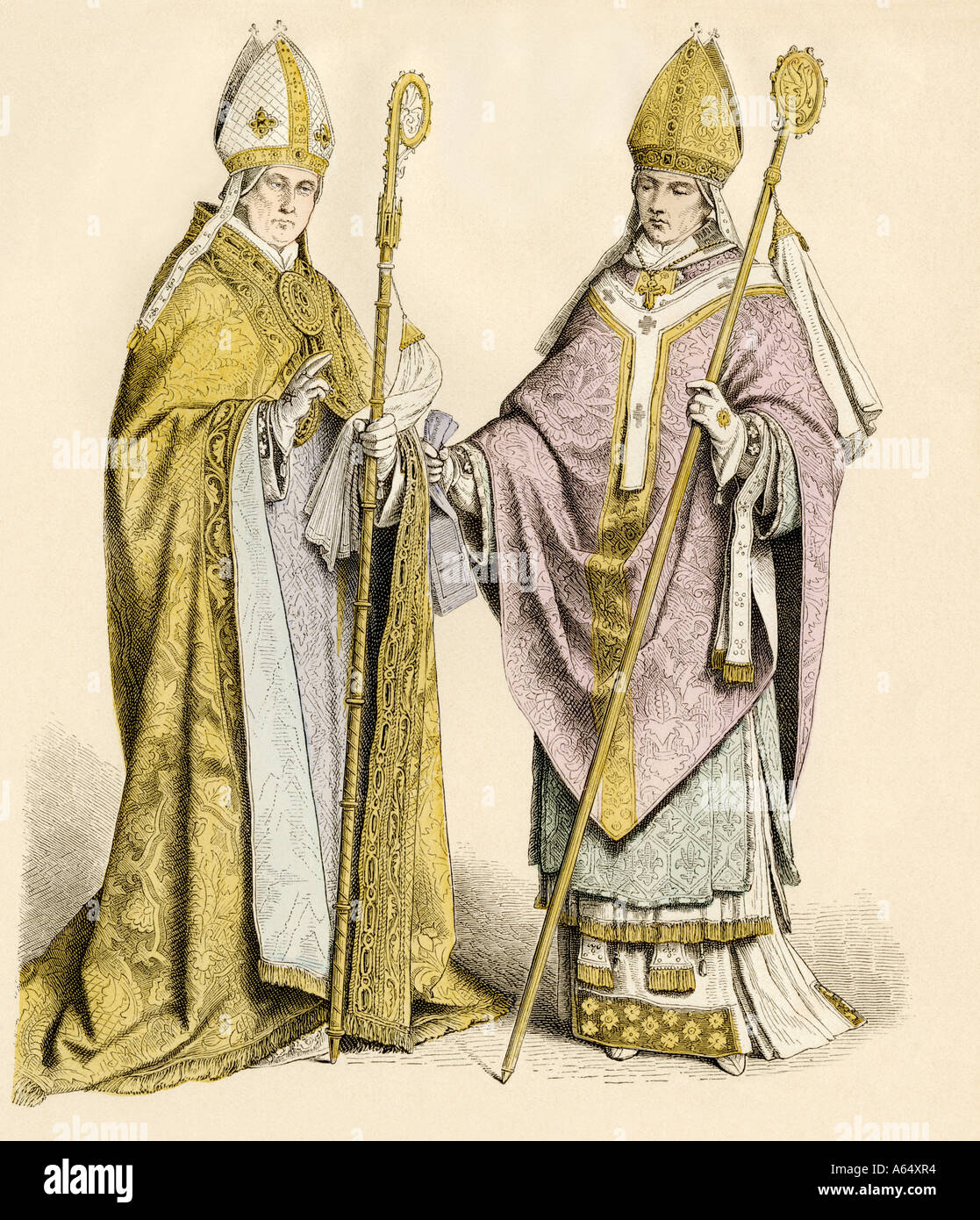 Vescovo Cattolico in un coro robe di sinistra e di un Vescovo nella sua vesti per presiedere la messa 1500s e 1600s. Colorate a mano la stampa Foto Stock