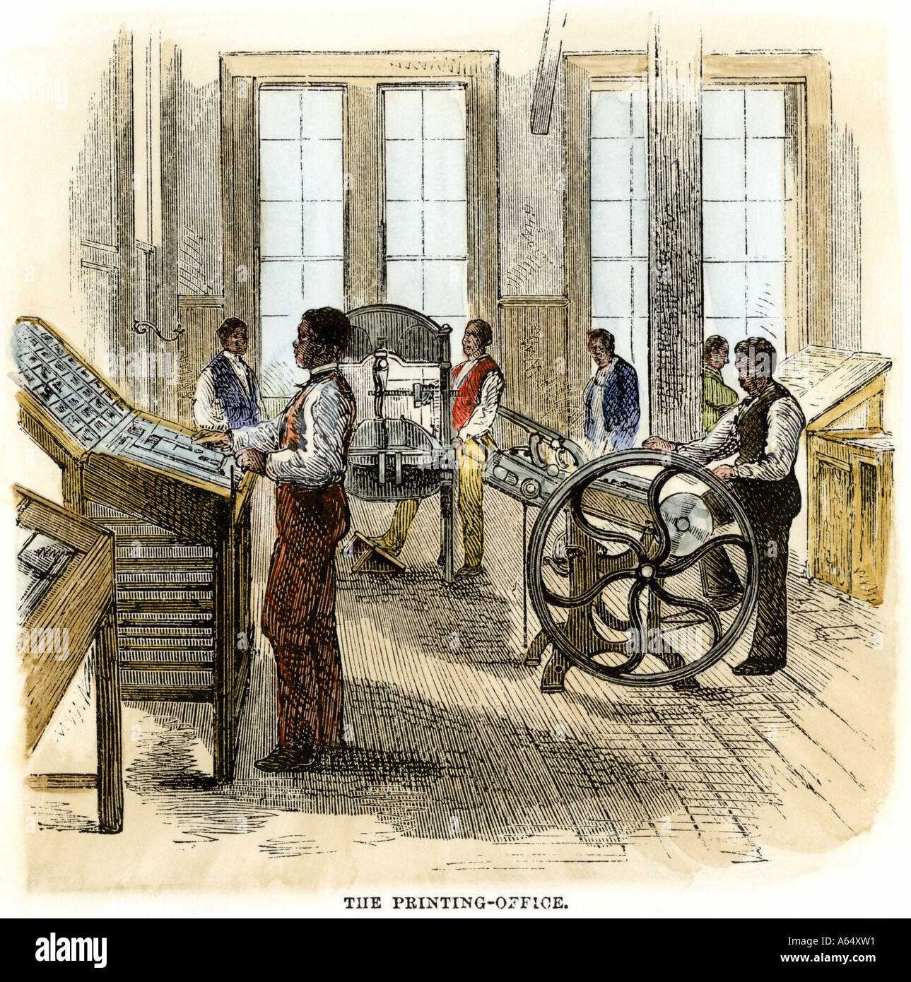 Ex schiavi stampa di apprendimento a Hampton Institute in Virginia durante la ricostruzione 1870s. Colorate a mano la xilografia Foto Stock