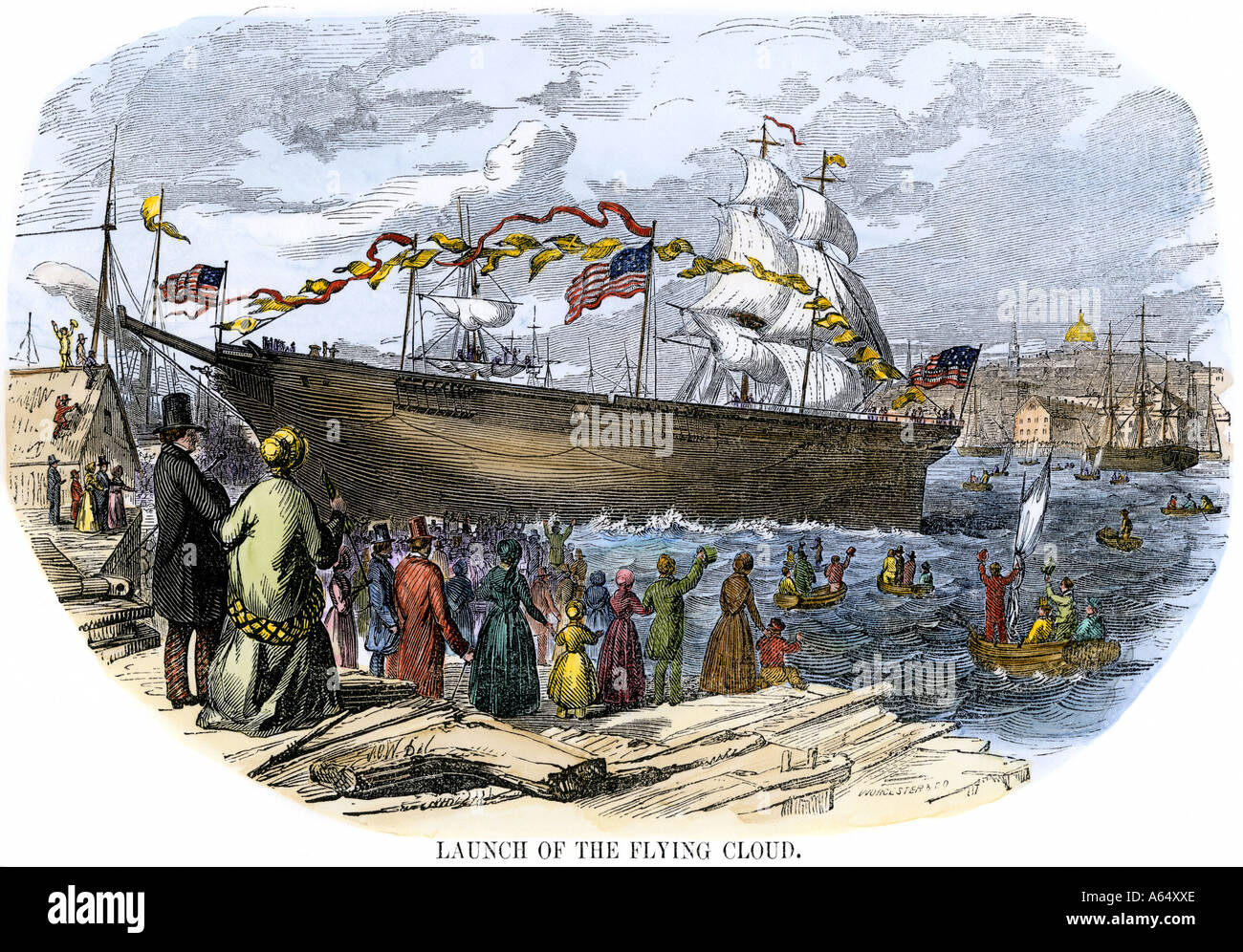 Clipper Ship Flying Cloud progettata da Donald McKay lanciato in Boston 1851. Colorate a mano la xilografia Foto Stock