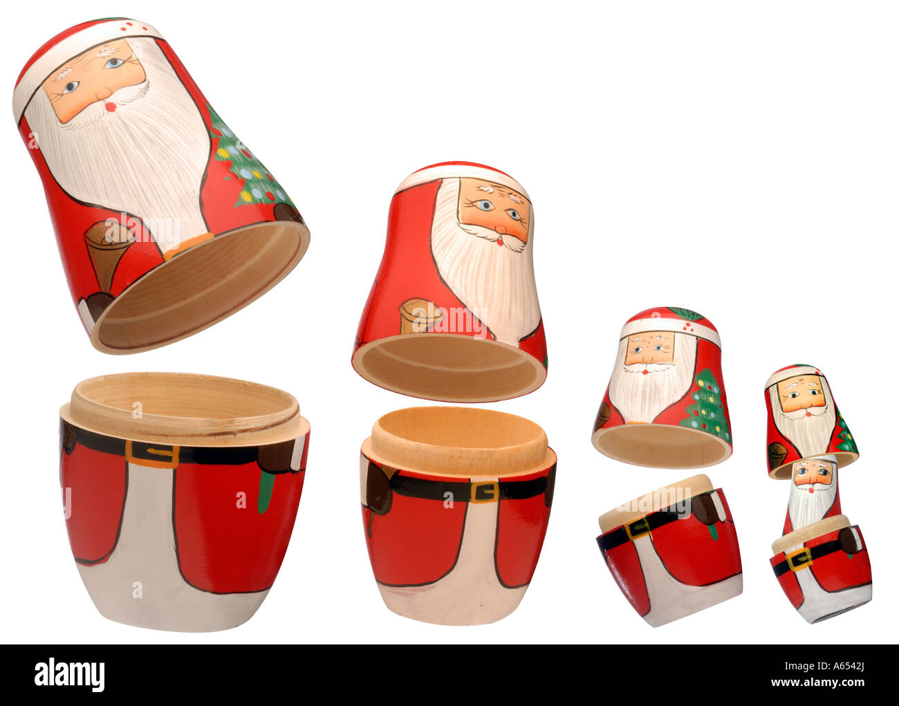Babbo Natale, Babbo Natale, Bambole Russe. Ritagliato su sfondo bianco. Foto Stock