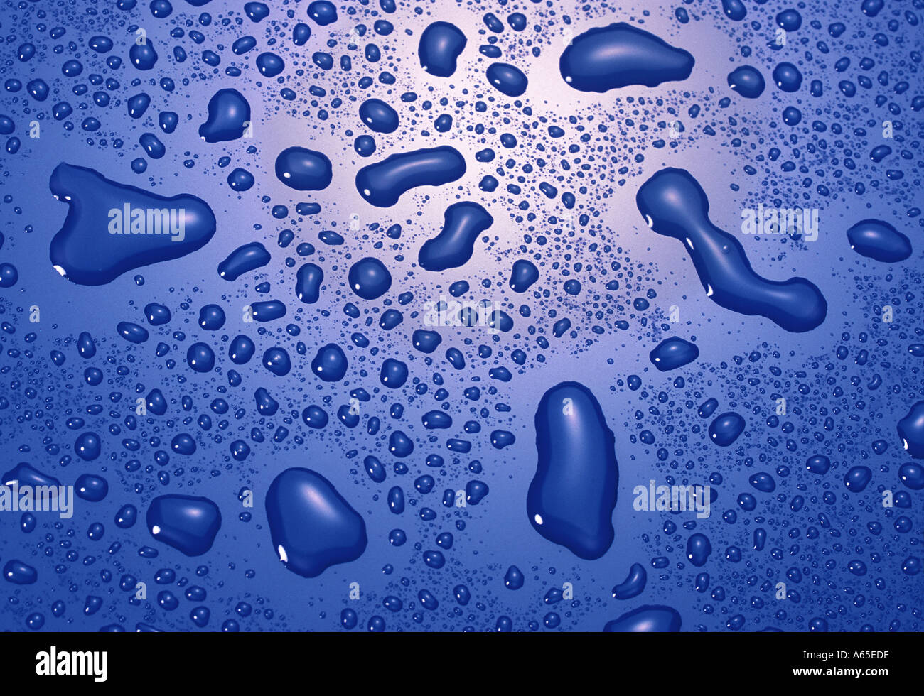 Le goccioline di acqua sfondo blu Foto Stock
