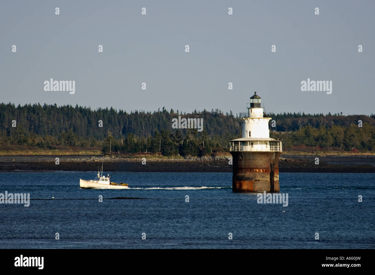 Barca da pesca Motoring passato canale Lubec Lighthouse vicino a Lubec Maine Foto Stock