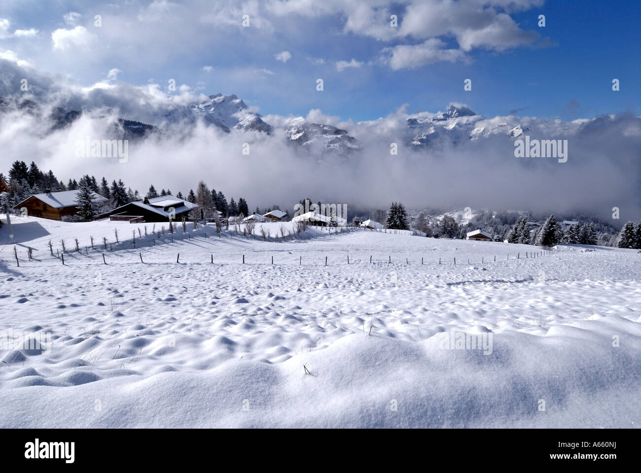 Snowy scena Villars sur Ollon Svizzera Alps Foto Stock