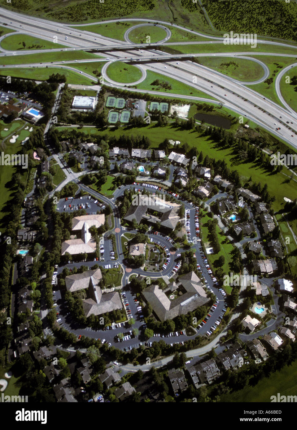 California Menlo Park vista aerea del 3000 Sand Hill Road ufficio complesso quartier generale a molte imprese di capitale di rischio Foto Stock