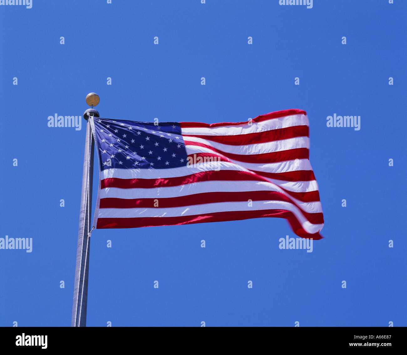 A stelle e strisce, noi bandiera, STATI UNITI D'AMERICA con cielo blu Foto Stock