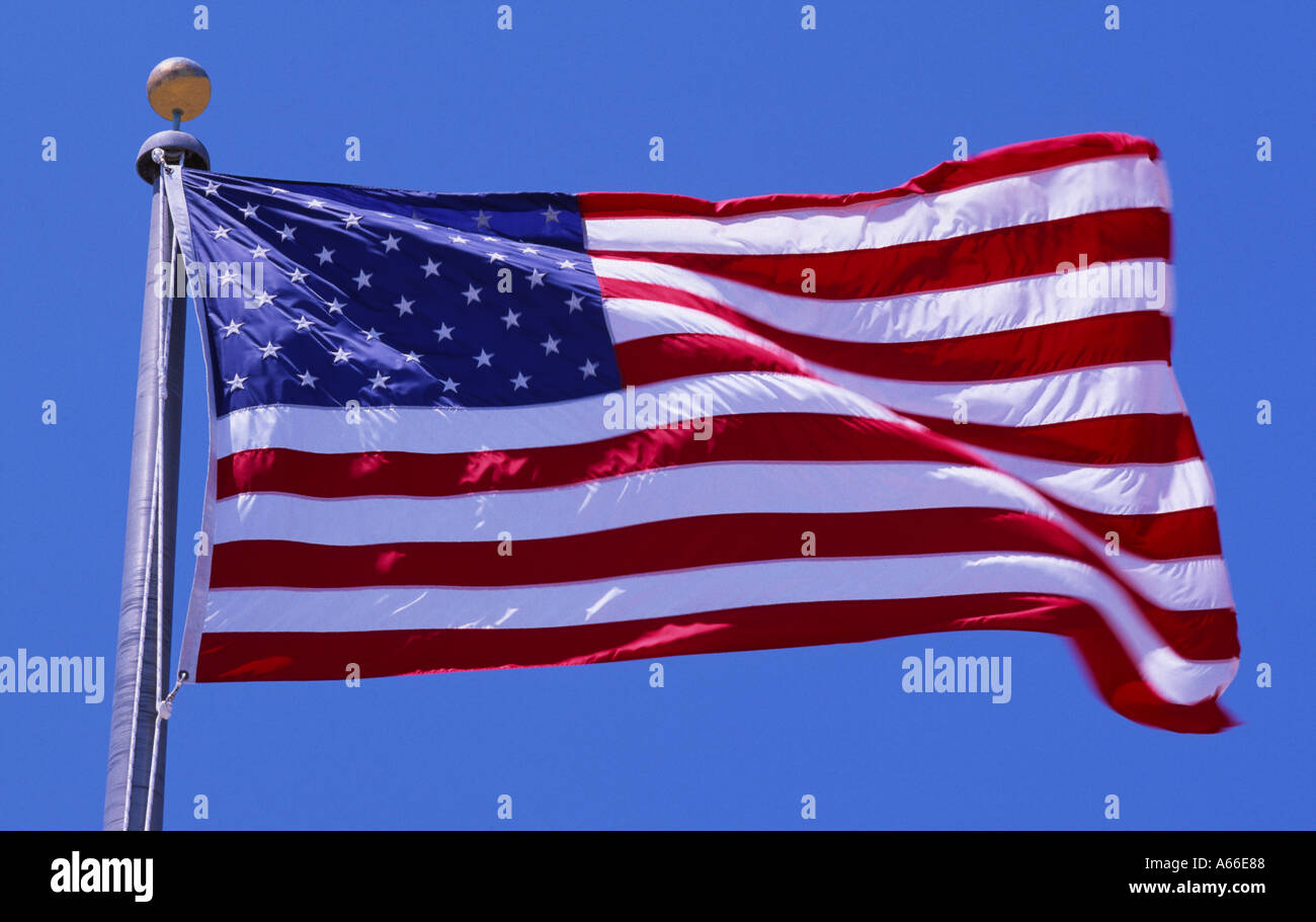 A stelle e strisce, noi bandiera, STATI UNITI D'AMERICA con cielo blu Foto Stock