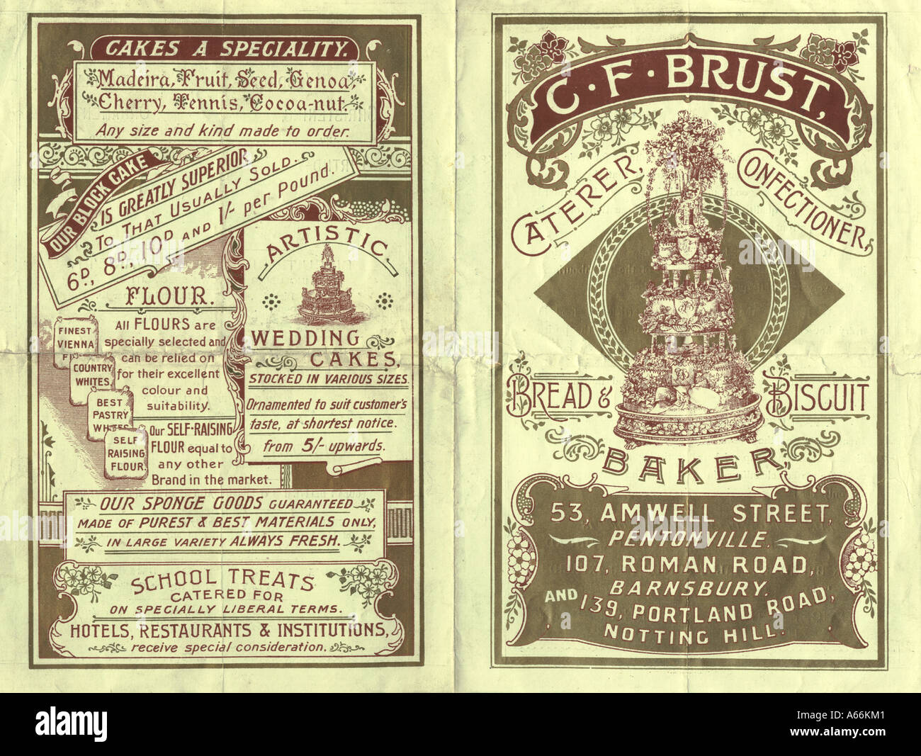 Opuscolo pubblicitario per C F Brust, catering, pasticceria, pane & biscotto Baker, [Londra] circa 1880 Foto Stock