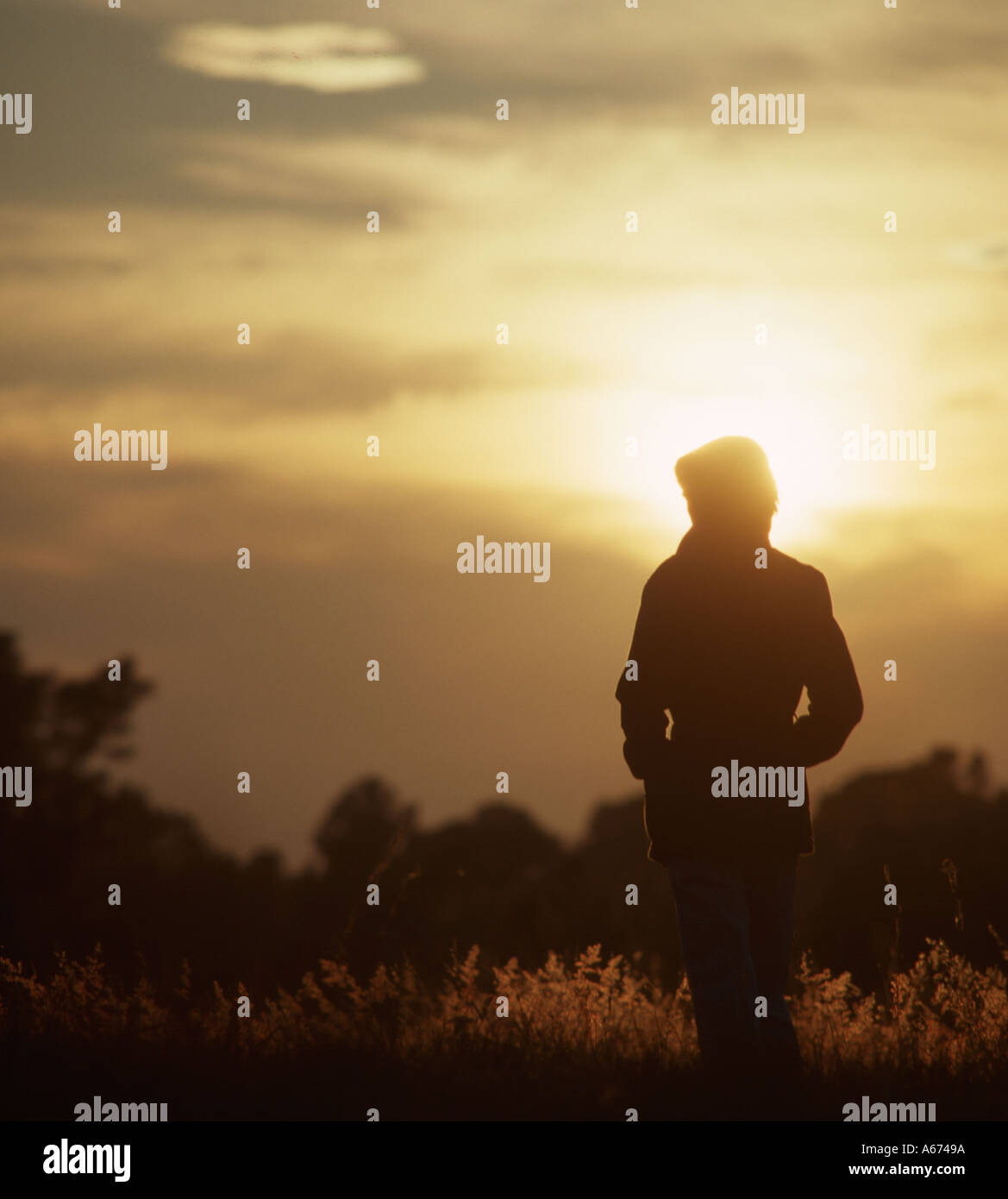 Donna che cammina da solo in campo al tramonto Foto Stock