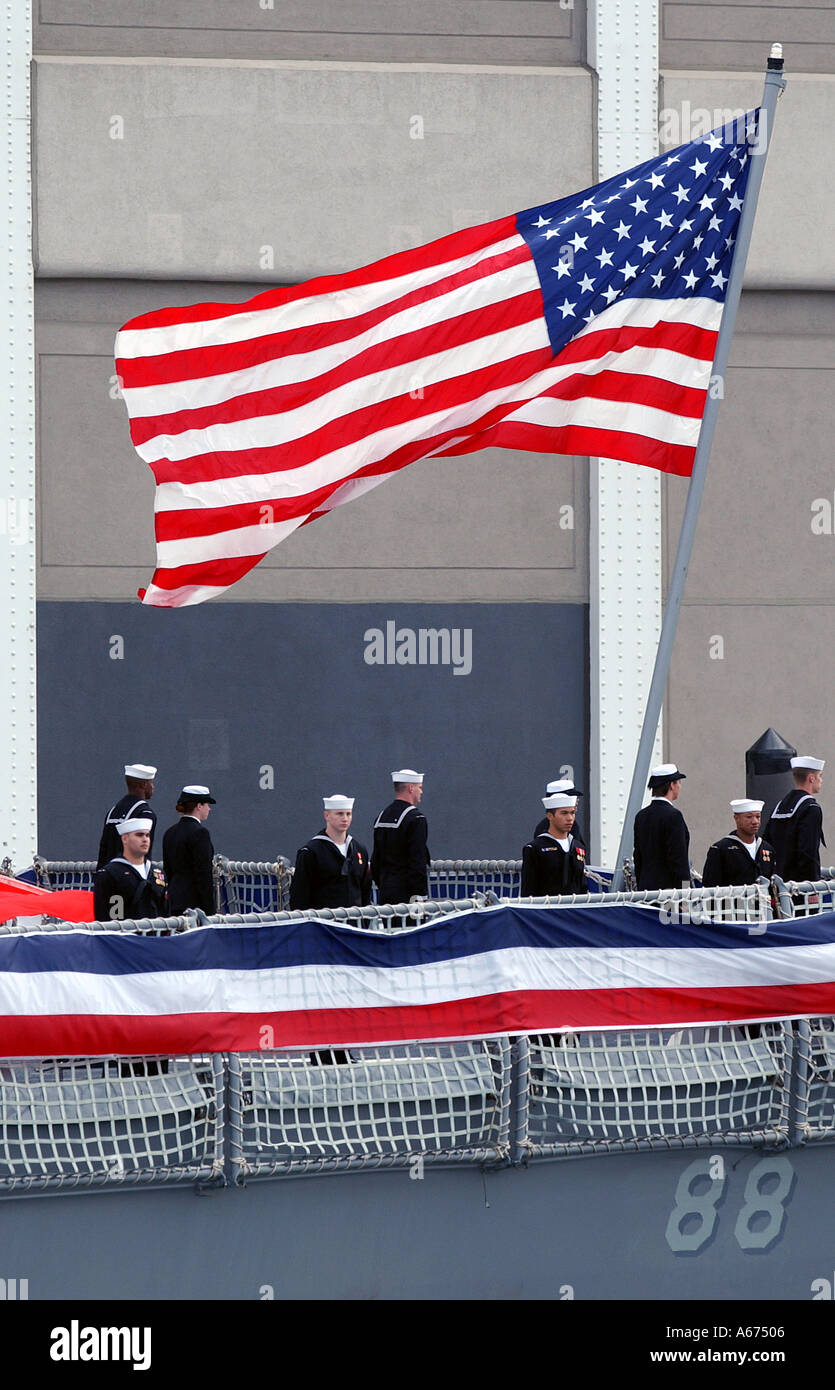 Messa in servizio cerimonie per la USS Preble a Boston, Massachusetts. Foto Stock